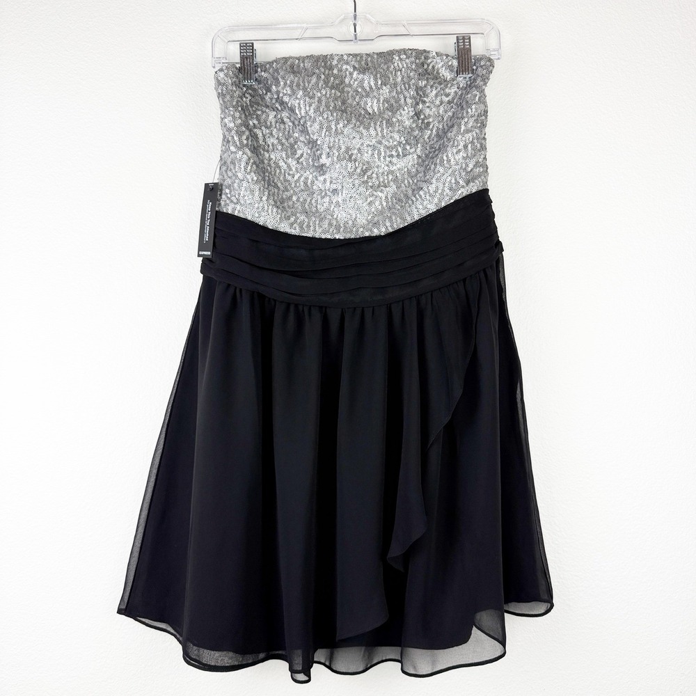 Express Women Silver Sequin Black Chiffon Strapless Cocktail Dress Size 8 NEW